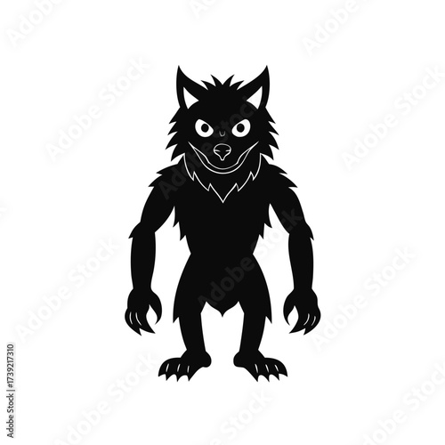 Black silhouette of a cartoon werewolf standing white