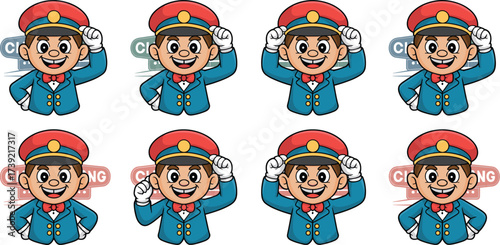 Cheerful Bellhop Cartoon Character Greeting Guests with a Friendly Gesture in a Hotel Setting Promoting Hospitality Services and Tourism Industry with a Welcoming and Professional Appearance for Marke