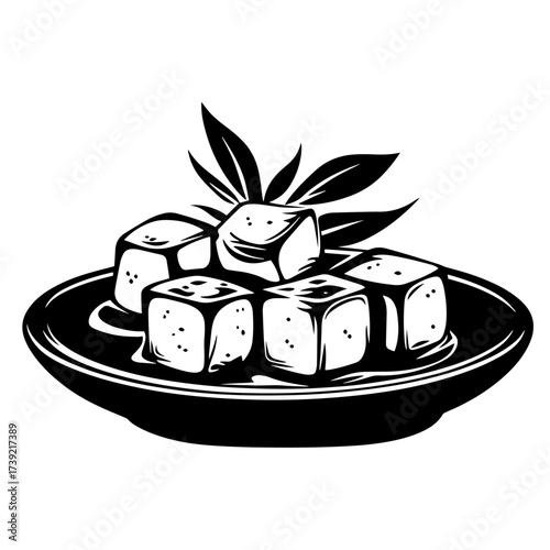 Cheese cubes appetizer silhouette vector – plate of bite‑size feta squares with herb leaves, tasty Mediterranean snack icon