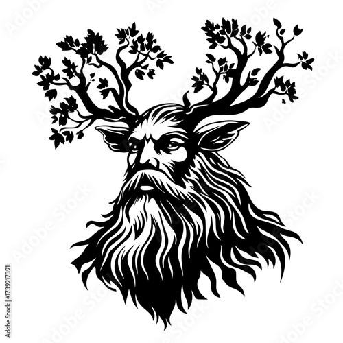 Forest spirit stag portrait silhouette vector – majestic deer head with branch antlers and flowing beard, fantasy woodland nature guardian icon
