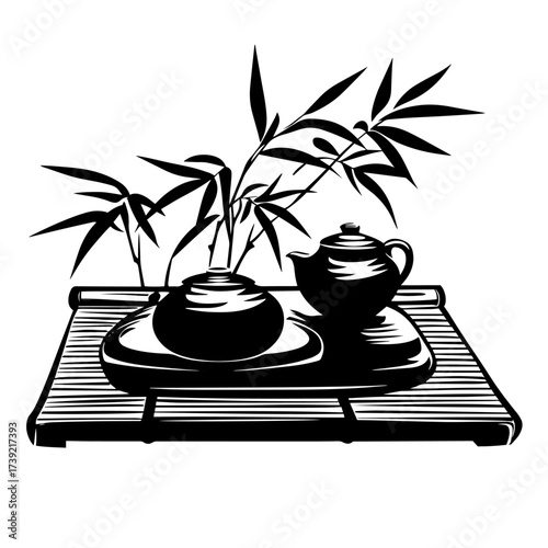 Zen tea ceremony silhouette vector – bamboo tray with teapot, cup and bamboo stalks, Japanese matcha ritual illustration