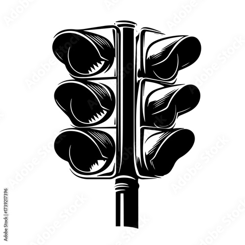 Traffic light signal silhouette vector – three‑lamp road intersection stoplight with hood visors, urban transportation safety icon