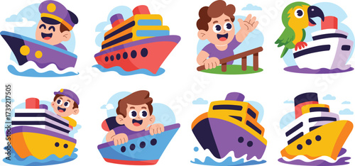 Cheerful Cartoon Ships and Characters Sailing on Water, Promoting Travel and Tourism Adventures, Illustrated with Vibrant Colors and Playful Design, Ideal for Children's Education, Animated Marketing,