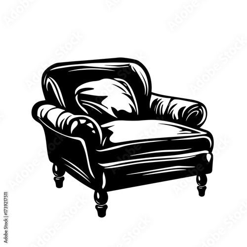 Vintage armchair silhouette vector – cozy upholstered lounge chair with rolled arms and cushion, interior home decor furniture icon
