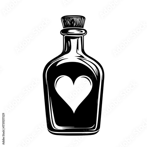 Love potion bottle silhouette vector – vintage glass vial with heart symbol, romantic magic elixir icon