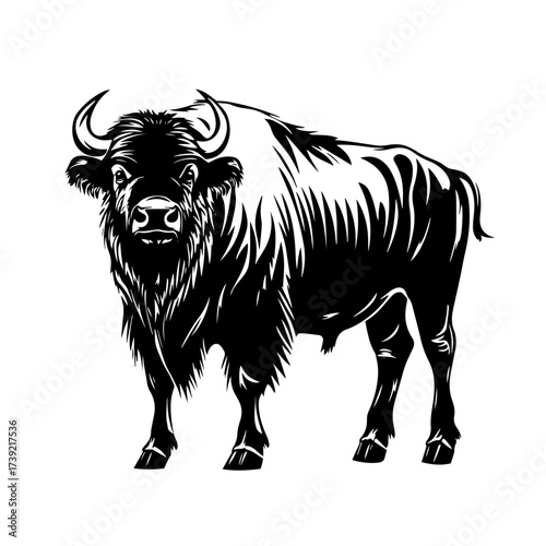 Buffalo bull silhouette vector – strong long‑haired bison with curved horns, wild prairie animal illustration