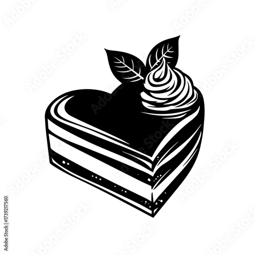 Heart‑shaped cake slice silhouette vector – layered romantic dessert with cream swirl and mint leaf, sweet love pastry icon