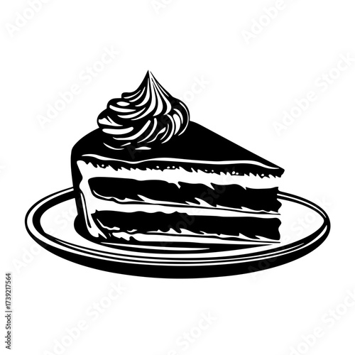 Cake slice silhouette vector – layered sponge dessert with cream swirl topping on plate, sweet bakery food icon
