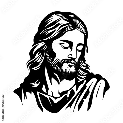 Jesus Christ portrait silhouette vector – serene bearded savior face in robe, Christian religious icon illustration