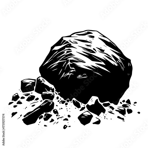 Boulder rock silhouette vector – large stone with scattered debris, rugged geology landscape element icon