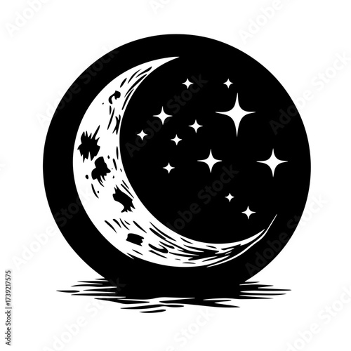 Crescent moon with stars silhouette vector – mystical night sky emblem in circular frame, celestial astronomy icon