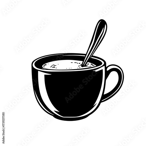 Coffee mug silhouette vector – steaming hot cup with stirring spoon, cozy café breakfast beverage icon