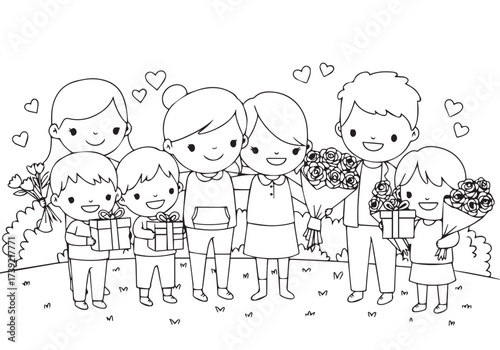 Cartoon kindness scene with people giving gifts and hugs outline illustration for coloring page. World Kindness Day