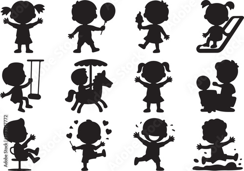 Playful black silhouettes of children engaging in activities on a white background