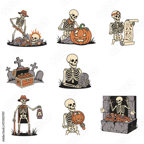 Set of 6 retro-style Halloween skeleton archaeologist vector illustrations, featuring skeletons digging candy treasures, examining pumpkin relics, holding ancient scrolls, and spooky tomb discoveries,