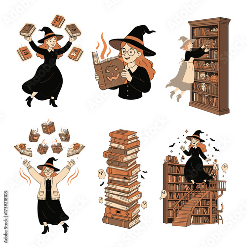 Set of 6 retro-style Halloween witch librarian vector illustrations, featuring witches with floating spooky books, glowing pumpkin books, candy-filled volumes, tiny ghosts, and bats, vintage cartoon s