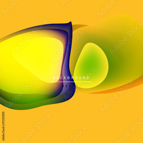 Abstract fluid shapes blend yellow, green hues. Dynamic composition creates modern background design. Smooth gradients offer visual interest.