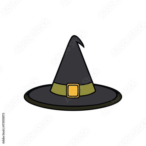 Black witch hat icon with gold buckle and green band