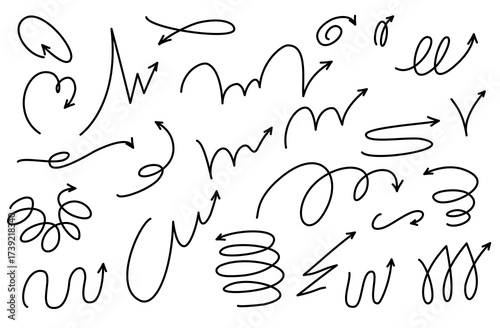 Motion bounce arrow set, hand drawn line design spiral. Expressive jump effect. Includes ball motion paths for sports. Vector illustration isolated