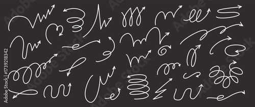 Bounce, quirky squiggly arrow lines with spiral and twist designs. Playful jump hand drawn elements. Includes ball motion paths for sports. Vector illustration isolated