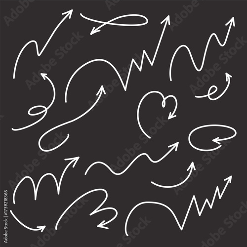 Bounce, quirky squiggly arrow lines with spiral and twist designs. Playful jump hand drawn elements. Includes ball motion paths for sports. Vector illustration isolated