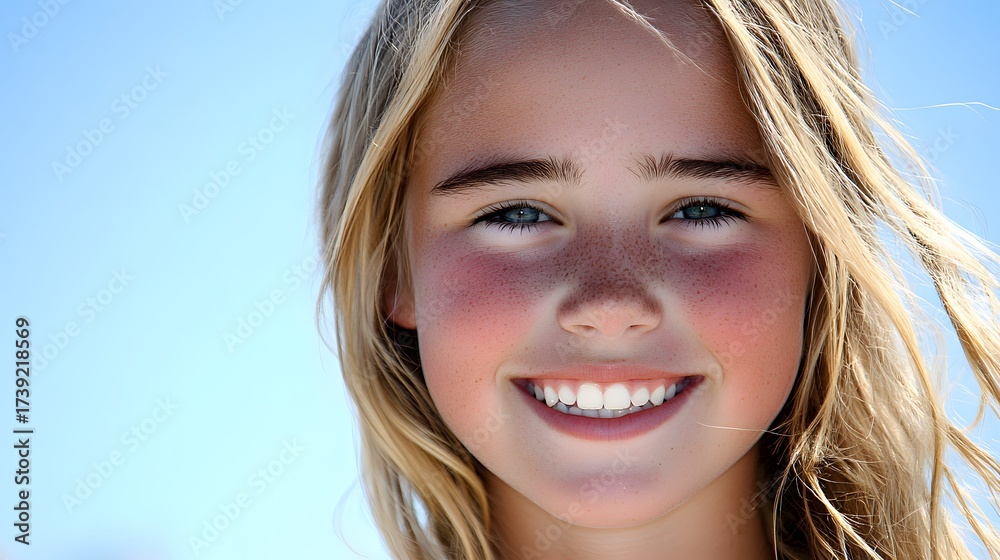 Fototapeta premium Smiling freckled girl with blonde hair against a blue sky background happy girl portrait