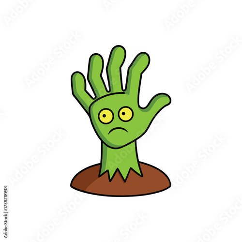 Cartoon green zombie hand rising from brown ground