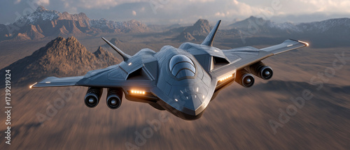 Stealth Aircraft Soaring Above the Desert: An imposing stealth aircraft soars majestically across a desert landscape, leaving a trail of speed and innovation.