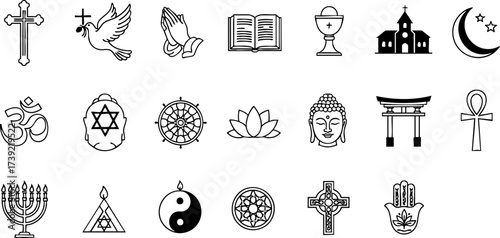  Minimalist Black and White Religious Symbols Icon Set