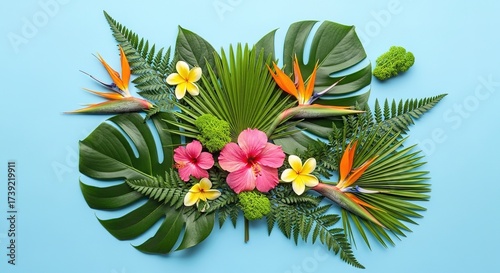 Tropical Flower Arrangement With Green Leaves On Blue Background.
