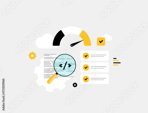 Code optimization inspection reveals performance boosts via magnifying glass on scripts, speed gauge, gears, and verified checklists in software development. Technical seo optimization illustration