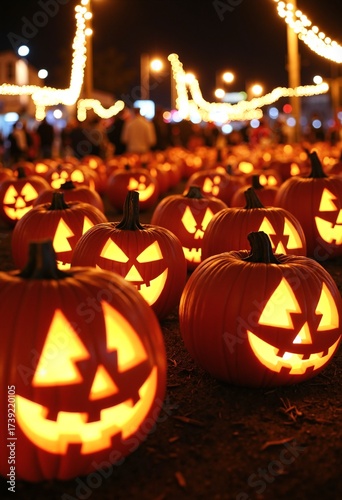 Rows of carved jack-o’-lanterns glowing at night during PumpkinFest