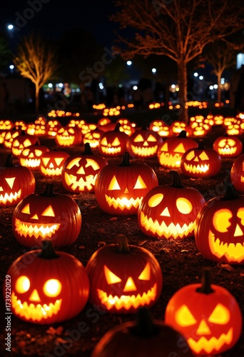 Rows of carved jack-o’-lanterns glowing at night during PumpkinFest