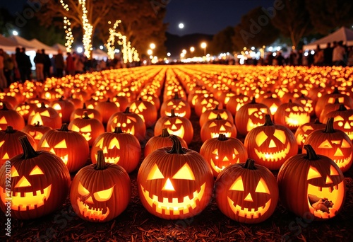 Rows of carved jack-o’-lanterns glowing at night during PumpkinFest