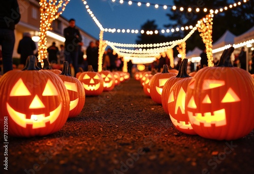 Rows of carved jack-o’-lanterns glowing at night during PumpkinFest