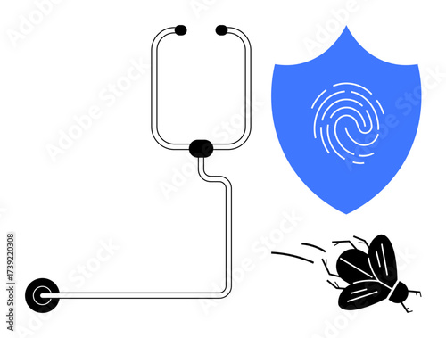 Blue shield with fingerprint, stethoscope, and flying insect. Ideal for healthcare, digital security, pest prevention, biotechnology, protection diagnostics system safety concepts. Simple flat