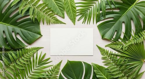 Tropical Green Leaves Framing a Blank White Card.