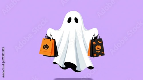 White ghost holding shopping bags. Halloween shopping concept.