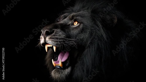 A majestic black lion roaring in darkness, symbolizing power, courage, and dominance with an intense dramatic atmosphere.