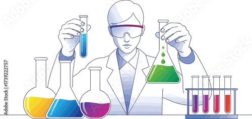 Scientist working with laboratory flasks and beakers