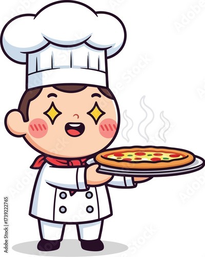 Cute chef holding pizza and giving food service