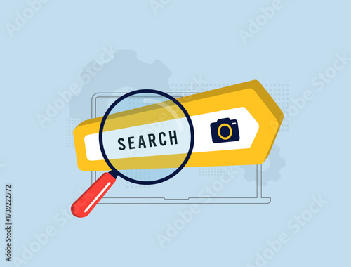 Visual search technology with AI-based image recognition to power search engine results. Analyzing visual input, matching objects, improving SEO marketing and product discovery vector illustration