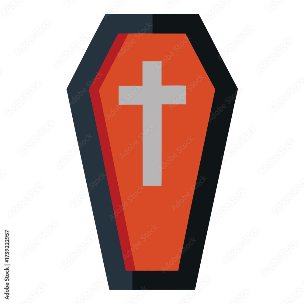 Obraz premium Orange coffin with gray cross simple flat illustration