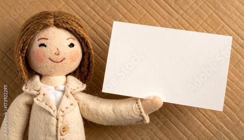felt doll hand holding blank tag on warm seamless soft studio macro detail for craft branding concept and clean copy space product mockup