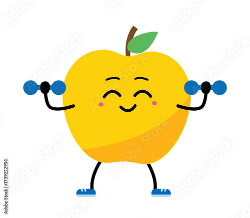 A cute, strong applen. The concept of classes in the gym with the image of apple, health, fitness.