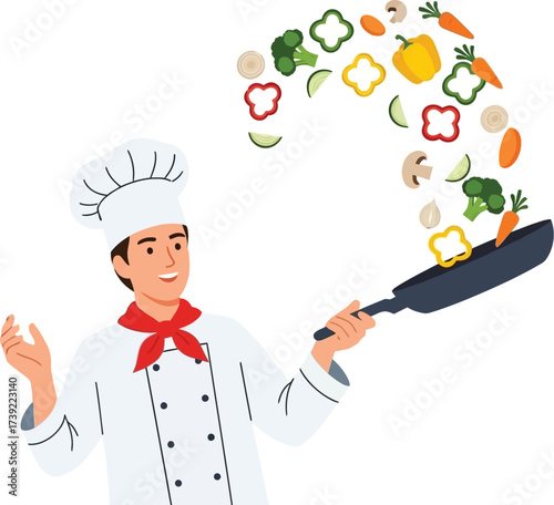 Chef tossing vegetables in a frying pan and a man in uniform preparing healthy food with fresh ingredients