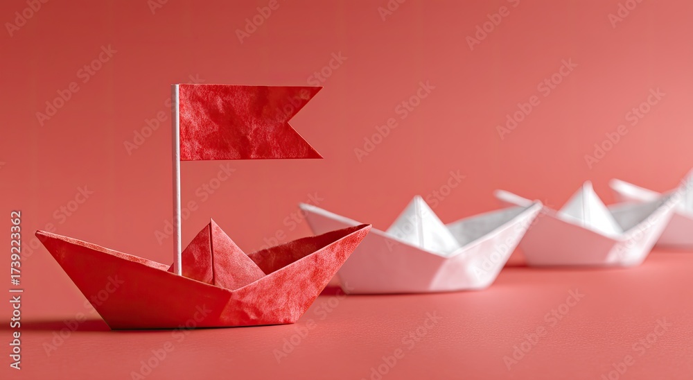 Fototapeta premium Red paper boat leading a line of white paper boats on a coral background