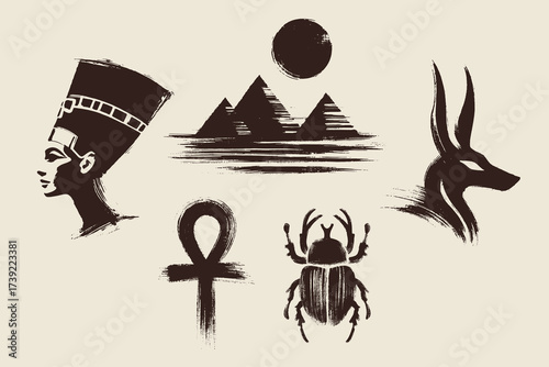 Ancient Egypt brush style elements black on white vector illustration