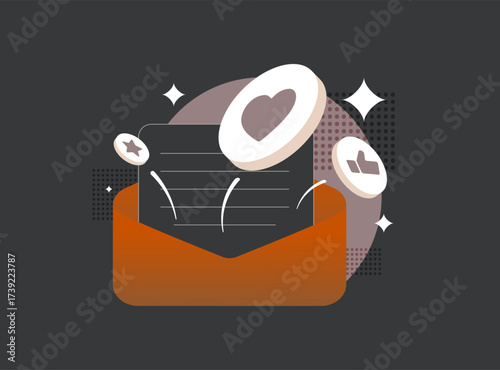 Email marketing vector icon bursts with engagement rewards from orange envelope. E-mail campaign illustration with likes, hearts, coins and stars for customer loyalty success, newsletter subscription