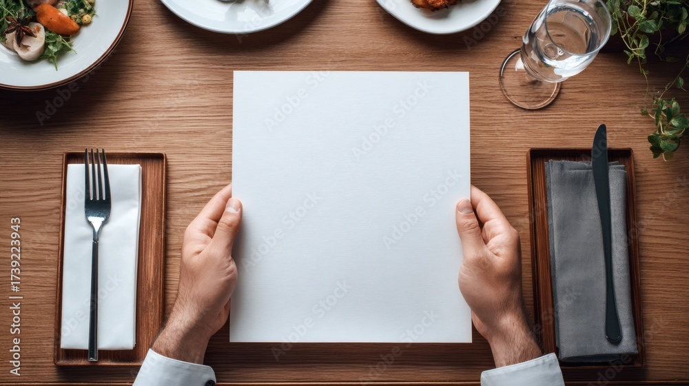 Obraz premium Concept of fine dining and restaurant experience with hands holding a blank menu on a table with dishes and glassware for elegant atmosphere and choice